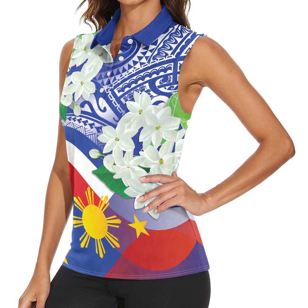 Philippines Flag Women Sleeveless Polo Shirt Sampaguita Jasmine with Polynesian Tribal