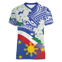 Philippines Flag Women V-Neck T-Shirt Sampaguita Jasmine with Polynesian Tribal
