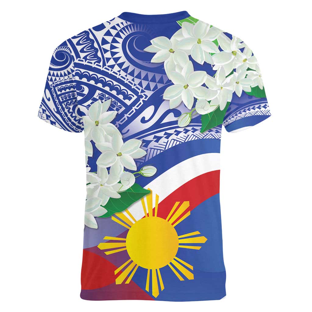 Philippines Flag Women V-Neck T-Shirt Sampaguita Jasmine with Polynesian Tribal