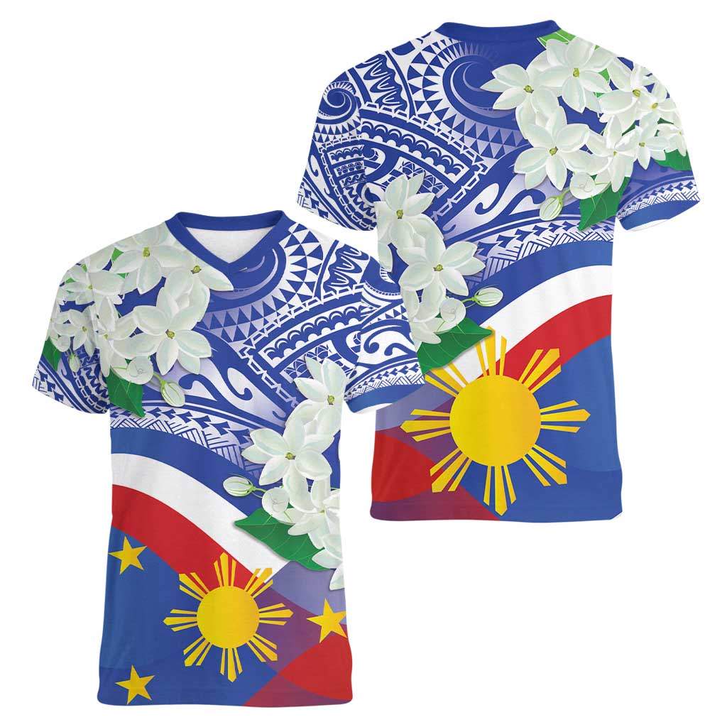 Philippines Flag Women V-Neck T-Shirt Sampaguita Jasmine with Polynesian Tribal