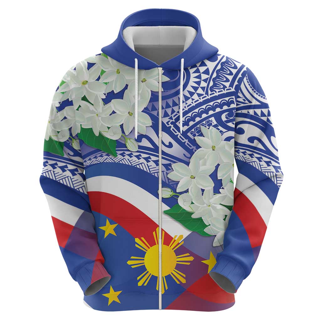 Philippines Flag Zip Hoodie Sampaguita Jasmine with Polynesian Tribal