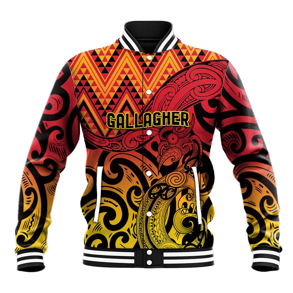 New Zealand Rangatira Custom Baseball Jacket Red and Gold Niho Taniwha Maori Tribal