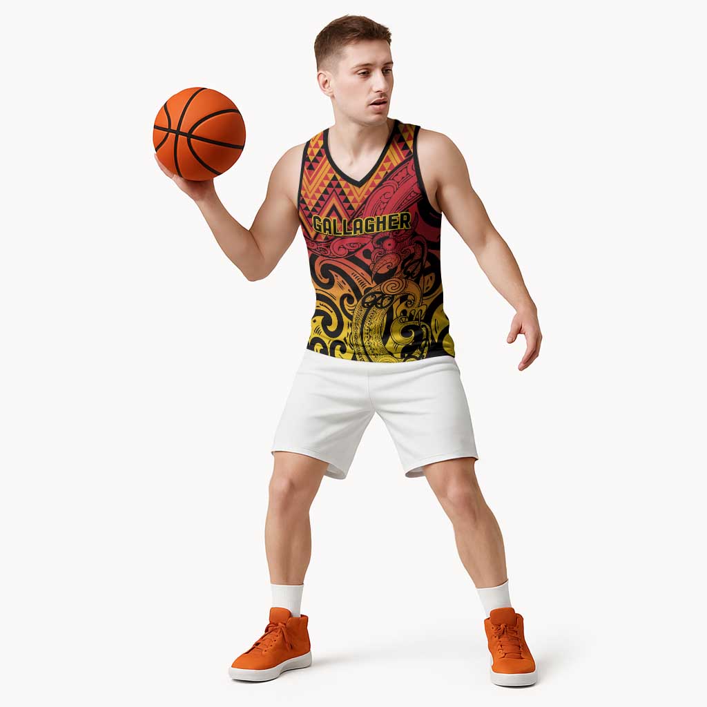 New Zealand Rangatira Custom Basketball Jersey Red and Gold Niho Taniwha Maori Tribal - Polynesian Pride
