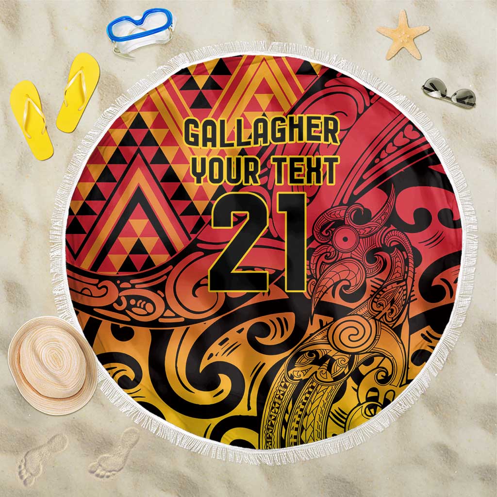 New Zealand Rangatira Custom Beach Blanket Red and Gold Niho Taniwha Maori Tribal