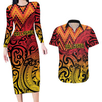 New Zealand Rangatira Custom Couples Matching Long Sleeve Bodycon Dress and Hawaiian Shirt Red and Gold Niho Taniwha Maori Tribal