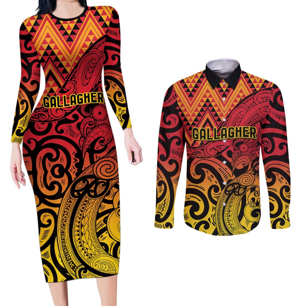 New Zealand Rangatira Custom Couples Matching Long Sleeve Bodycon Dress and Long Sleeve Button Shirt Red and Gold Niho Taniwha Maori Tribal