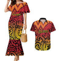 New Zealand Rangatira Custom Couples Matching Mermaid Dress and Hawaiian Shirt Red and Gold Niho Taniwha Maori Tribal