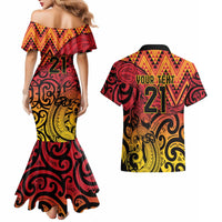 New Zealand Rangatira Custom Couples Matching Mermaid Dress and Hawaiian Shirt Red and Gold Niho Taniwha Maori Tribal