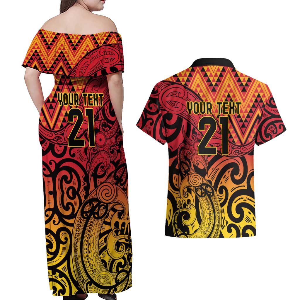 New Zealand Rangatira Custom Couples Matching Off Shoulder Maxi Dress and Hawaiian Shirt Red and Gold Niho Taniwha Maori Tribal