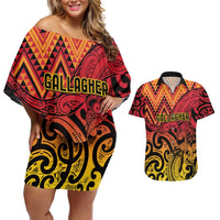 New Zealand Rangatira Custom Couples Matching Off Shoulder Short Dress and Hawaiian Shirt Red and Gold Niho Taniwha Maori Tribal