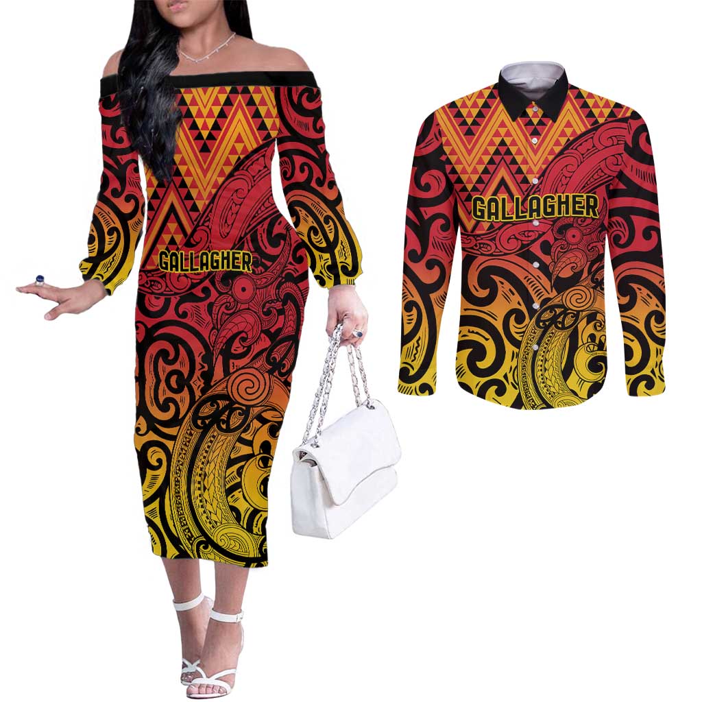 New Zealand Rangatira Custom Couples Matching Off The Shoulder Long Sleeve Dress and Long Sleeve Button Shirt Red and Gold Niho Taniwha Maori Tribal