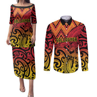 New Zealand Rangatira Custom Couples Matching Puletasi and Long Sleeve Button Shirt Red and Gold Niho Taniwha Maori Tribal