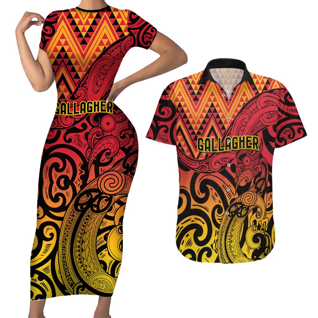 New Zealand Rangatira Custom Couples Matching Short Sleeve Bodycon Dress and Hawaiian Shirt Red and Gold Niho Taniwha Maori Tribal