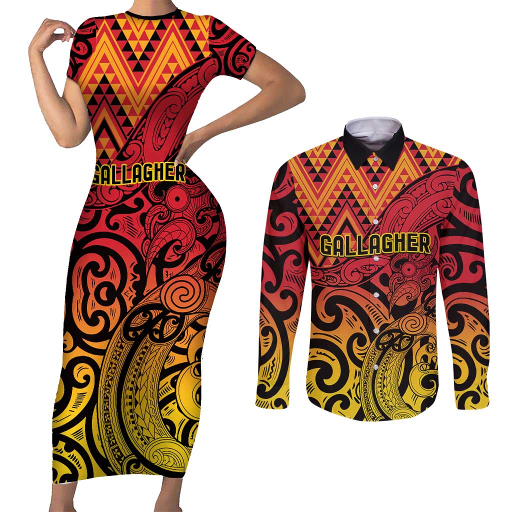 New Zealand Rangatira Custom Couples Matching Short Sleeve Bodycon Dress and Long Sleeve Button Shirt Red and Gold Niho Taniwha Maori Tribal