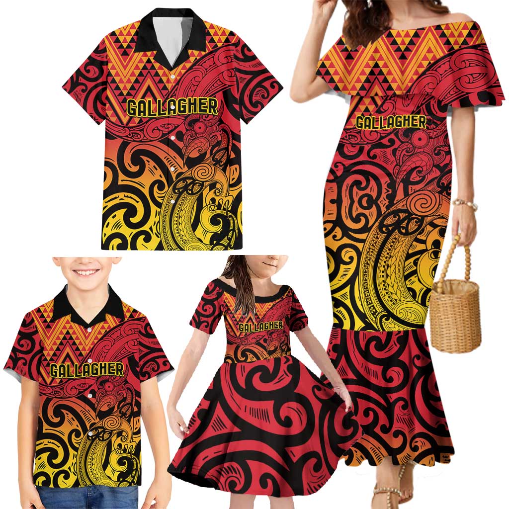 New Zealand Rangatira Custom Family Matching Mermaid Dress and Hawaiian Shirt Red and Gold Niho Taniwha Maori Tribal