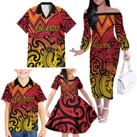 New Zealand Rangatira Custom Family Matching Off The Shoulder Long Sleeve Dress and Hawaiian Shirt Red and Gold Niho Taniwha Maori Tribal