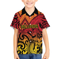 New Zealand Rangatira Custom Family Matching Off The Shoulder Long Sleeve Dress and Hawaiian Shirt Red and Gold Niho Taniwha Maori Tribal