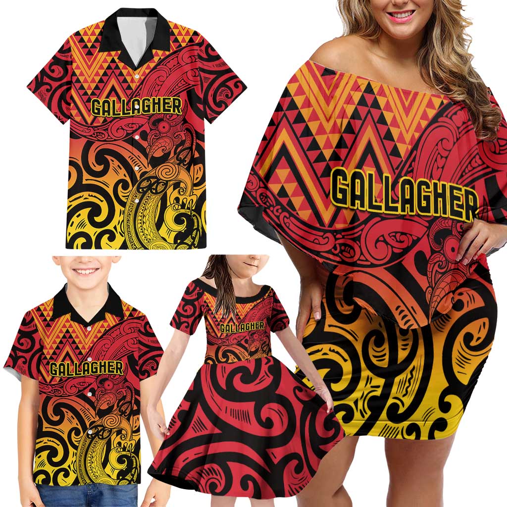 New Zealand Rangatira Custom Family Matching Off Shoulder Short Dress and Hawaiian Shirt Red and Gold Niho Taniwha Maori Tribal