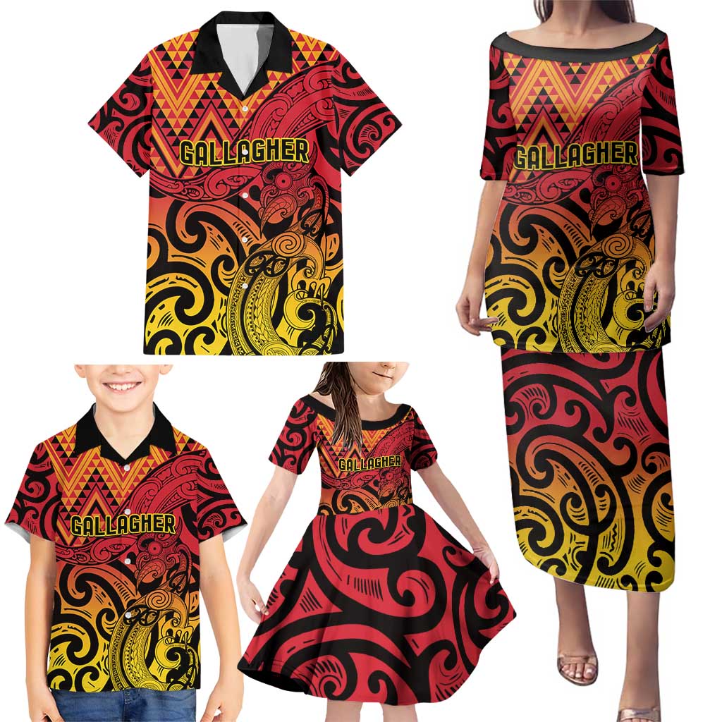 New Zealand Rangatira Custom Family Matching Puletasi and Hawaiian Shirt Red and Gold Niho Taniwha Maori Tribal