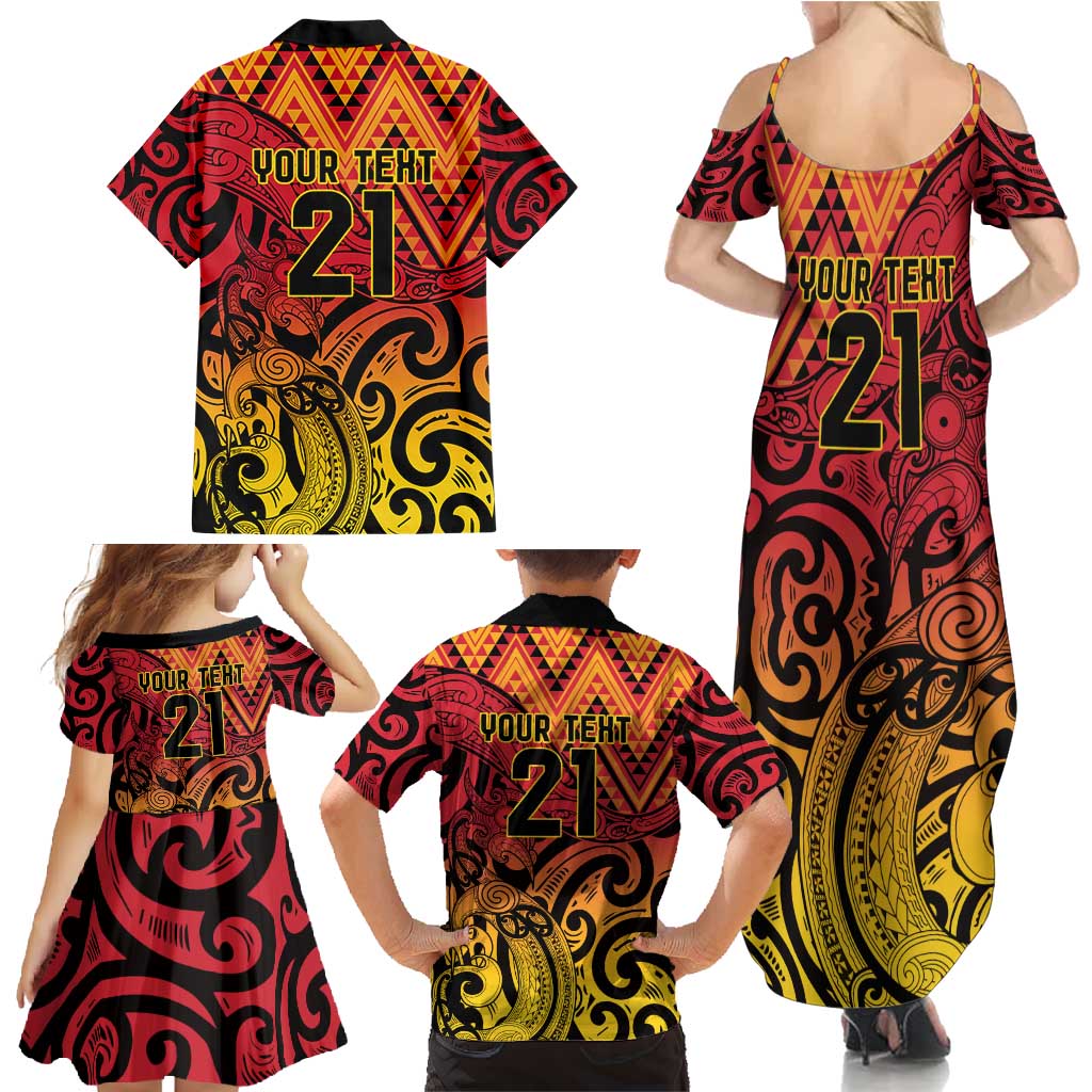 New Zealand Rangatira Custom Family Matching Summer Maxi Dress and Hawaiian Shirt Red and Gold Niho Taniwha Maori Tribal