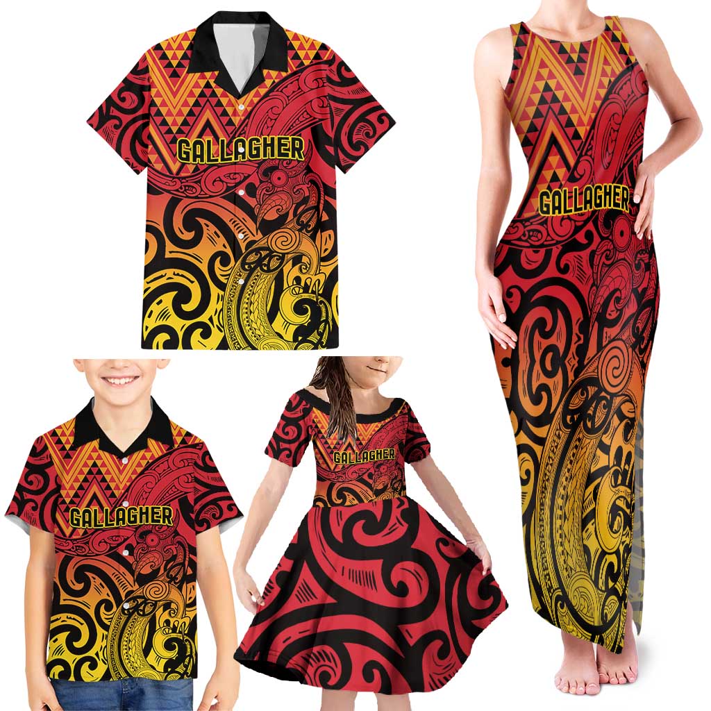 New Zealand Rangatira Custom Family Matching Tank Maxi Dress and Hawaiian Shirt Red and Gold Niho Taniwha Maori Tribal
