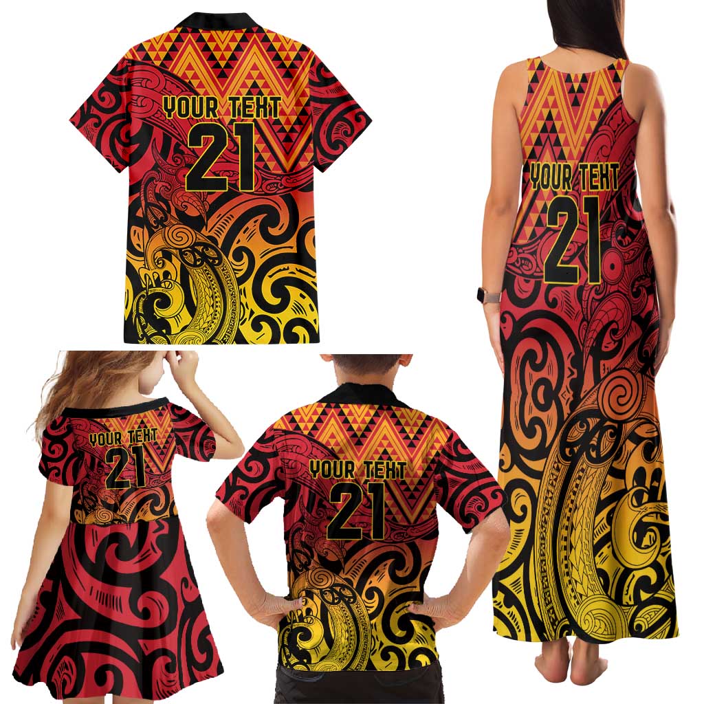 New Zealand Rangatira Custom Family Matching Tank Maxi Dress and Hawaiian Shirt Red and Gold Niho Taniwha Maori Tribal