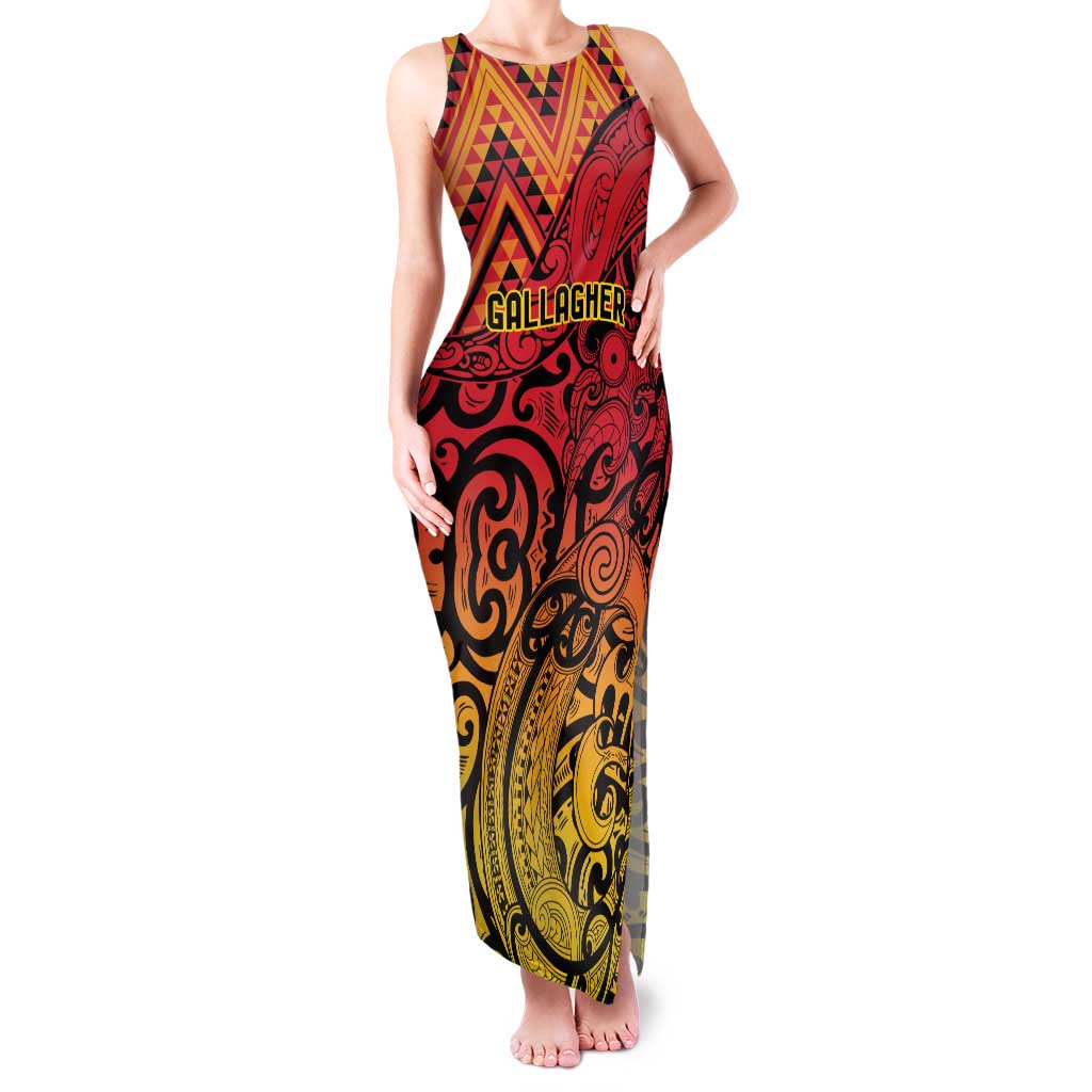 New Zealand Rangatira Custom Family Matching Tank Maxi Dress and Hawaiian Shirt Red and Gold Niho Taniwha Maori Tribal