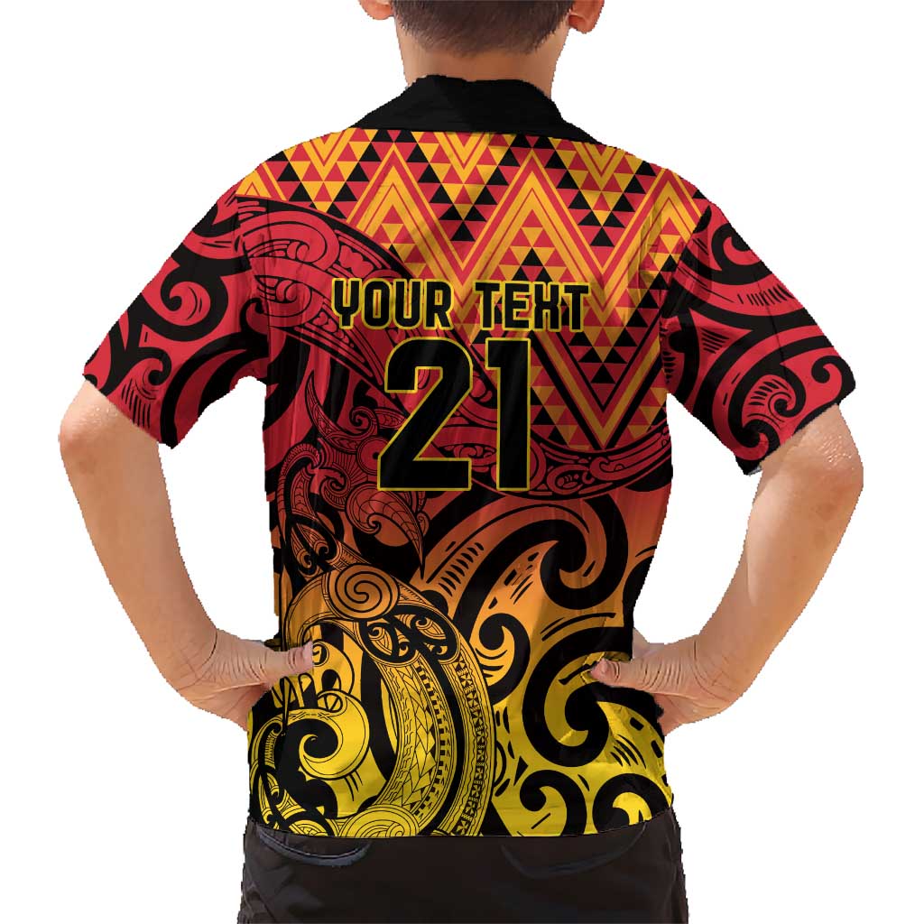 New Zealand Rangatira Custom Kid Hawaiian Shirt Red and Gold Niho Taniwha Maori Tribal
