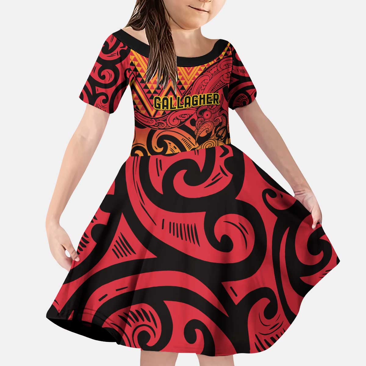 New Zealand Rangatira Custom Kid Short Sleeve Dress Red and Gold Niho Taniwha Maori Tribal