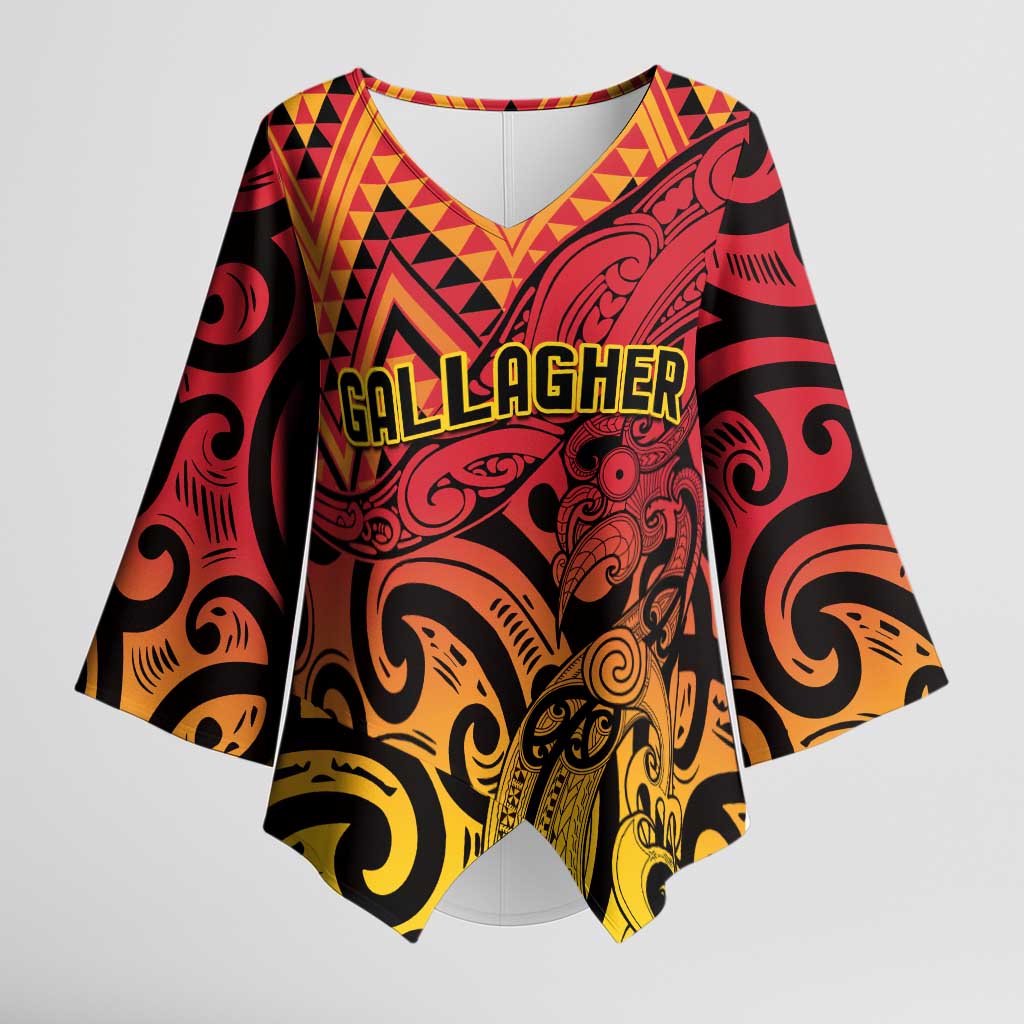 New Zealand Rangatira Custom Kimono Sleeve Blouse Red and Gold Niho Taniwha Maori Tribal - Polynesian Pride