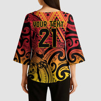 New Zealand Rangatira Custom Kimono Sleeve Blouse Red and Gold Niho Taniwha Maori Tribal - Polynesian Pride