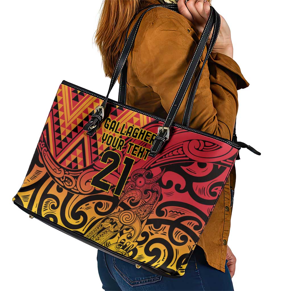 New Zealand Rangatira Custom Leather Tote Bag Red and Gold Niho Taniwha Maori Tribal LT9 - Polynesian Pride