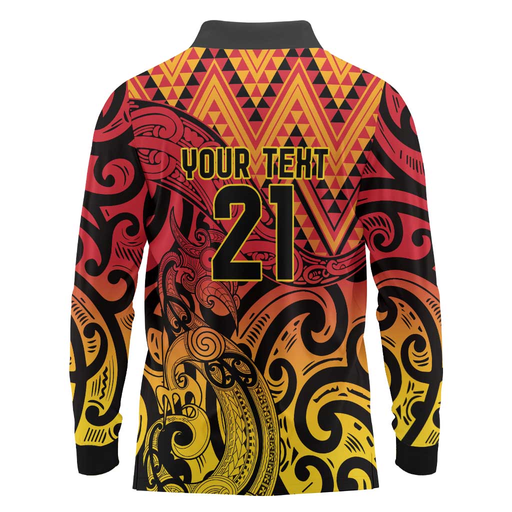 New Zealand Rangatira Custom Long Sleeve Polo Shirt Red and Gold Niho Taniwha Maori Tribal