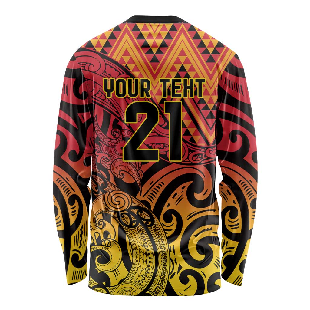 New Zealand Rangatira Custom Long Sleeve Shirt Red and Gold Niho Taniwha Maori Tribal