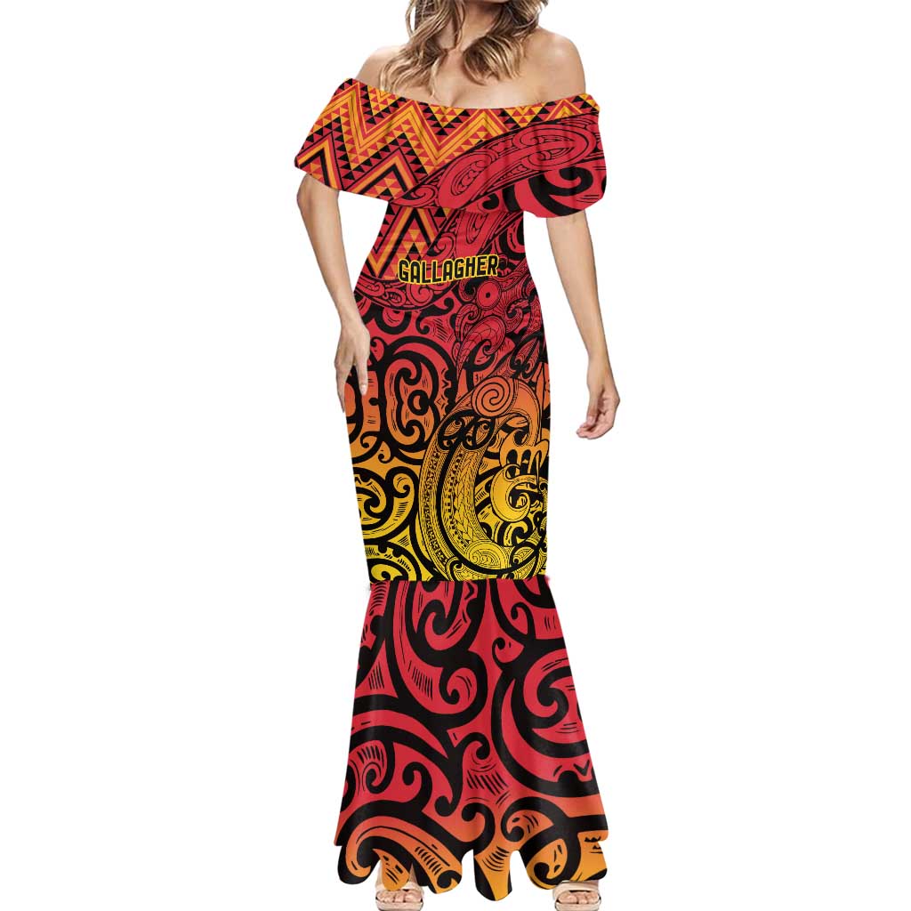 New Zealand Rangatira Custom Mermaid Dress Red and Gold Niho Taniwha Maori Tribal