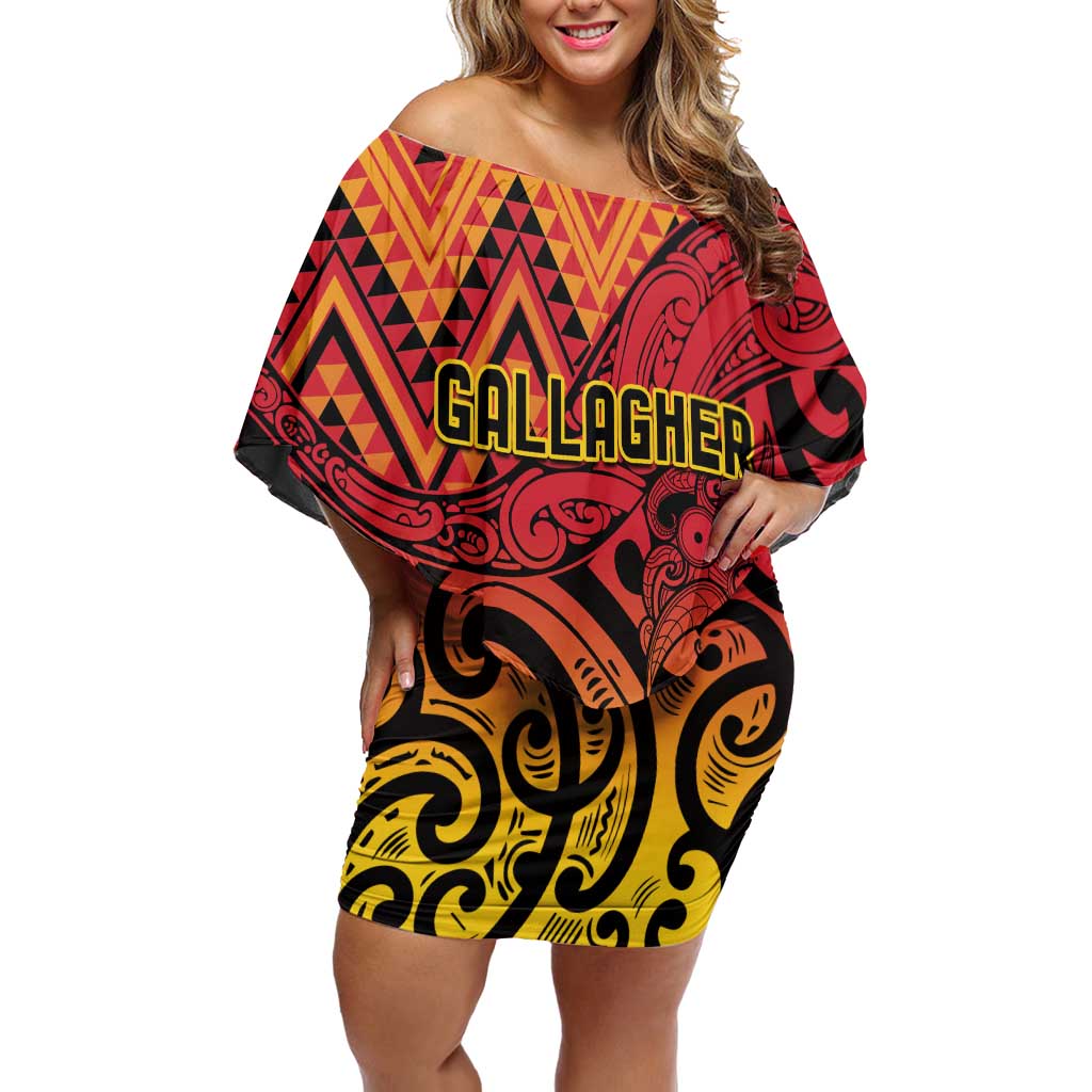 New Zealand Rangatira Custom Off Shoulder Short Dress Red and Gold Niho Taniwha Maori Tribal