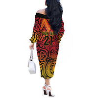 New Zealand Rangatira Custom Off The Shoulder Long Sleeve Dress Red and Gold Niho Taniwha Maori Tribal