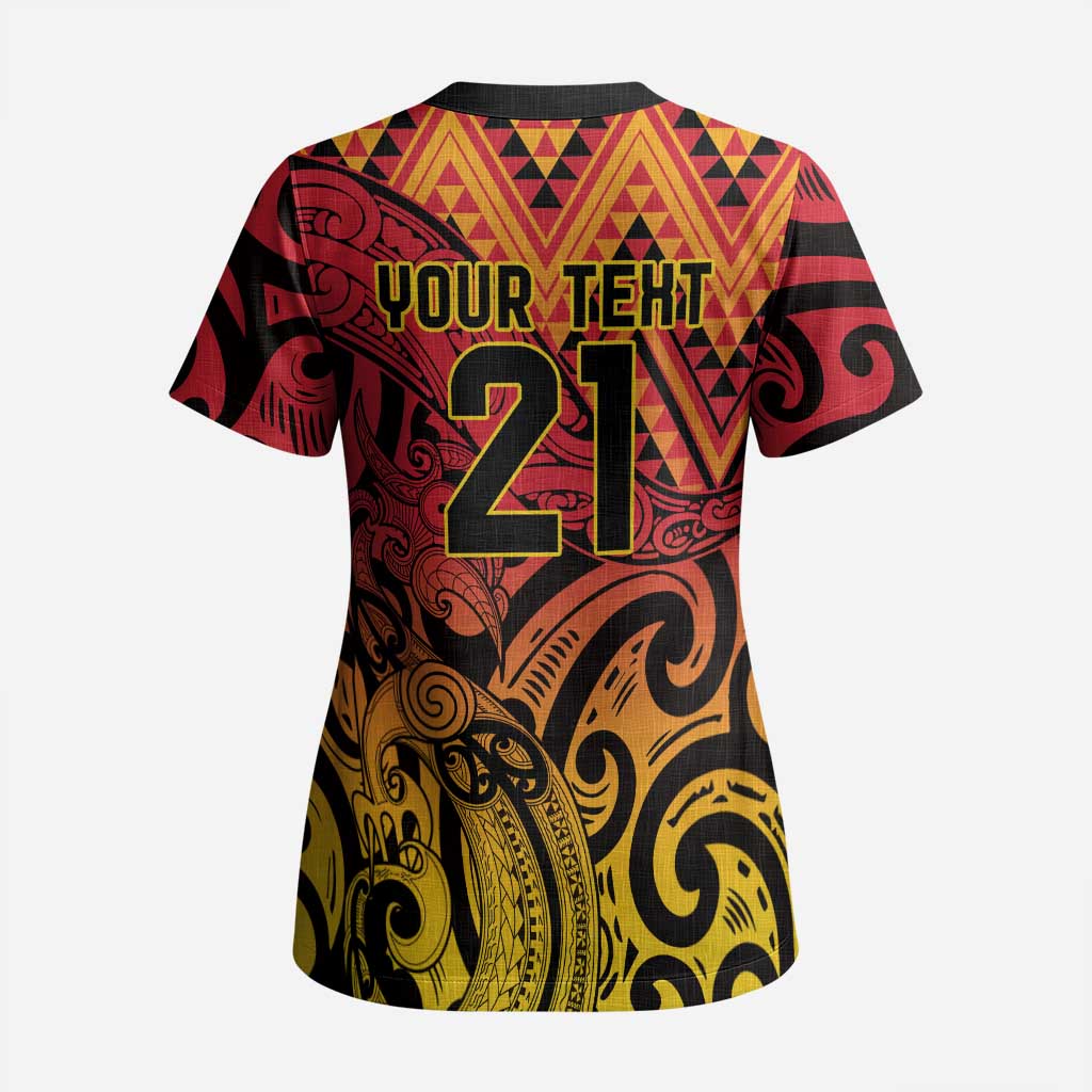 New Zealand Rangatira Custom Scrub Top Red and Gold Niho Taniwha Maori Tribal - Polynesian Pride