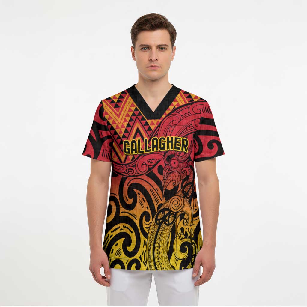 New Zealand Rangatira Custom Scrub Top Red and Gold Niho Taniwha Maori Tribal - Polynesian Pride