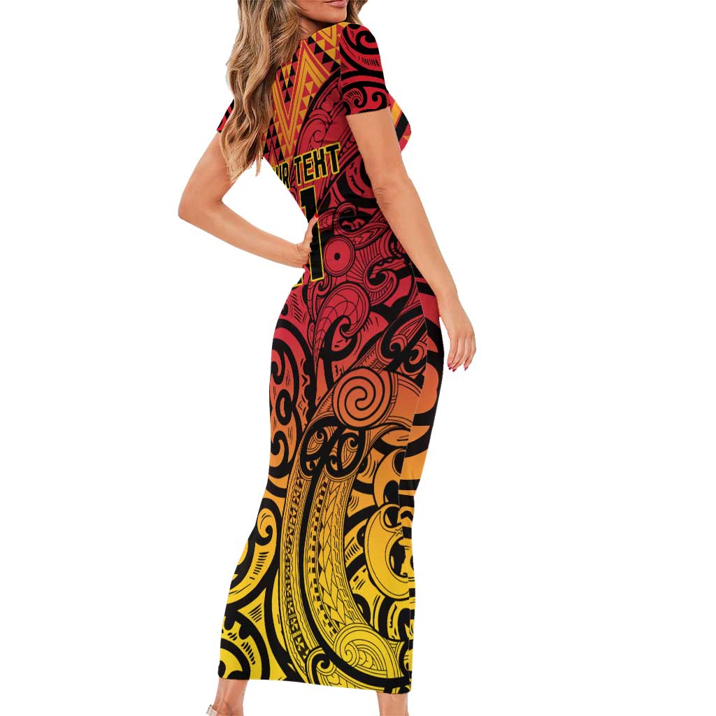 New Zealand Rangatira Custom Short Sleeve Bodycon Dress Red and Gold Niho Taniwha Maori Tribal
