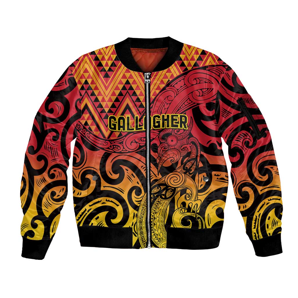 New Zealand Rangatira Custom Sleeve Zip Bomber Jacket Red and Gold Niho Taniwha Maori Tribal