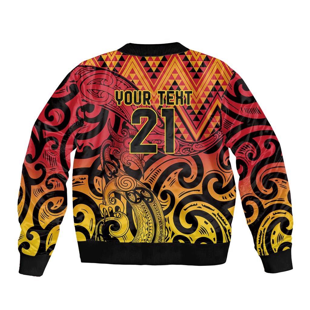 New Zealand Rangatira Custom Sleeve Zip Bomber Jacket Red and Gold Niho Taniwha Maori Tribal