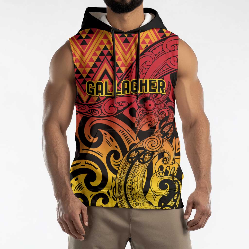 New Zealand Rangatira Custom Sleeveless Hoodie Red and Gold Niho Taniwha Maori Tribal - Polynesian Pride