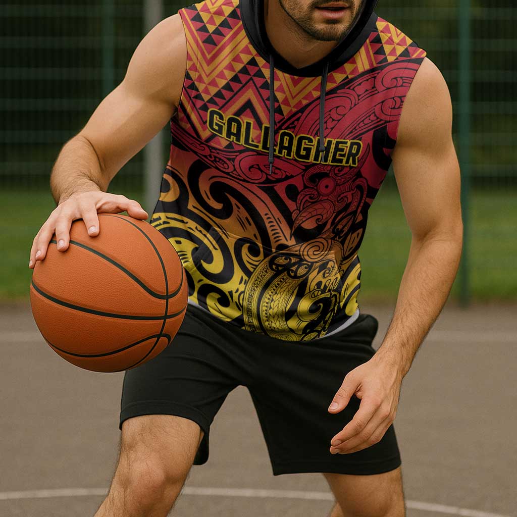 New Zealand Rangatira Custom Sleeveless Hoodie Red and Gold Niho Taniwha Maori Tribal - Polynesian Pride