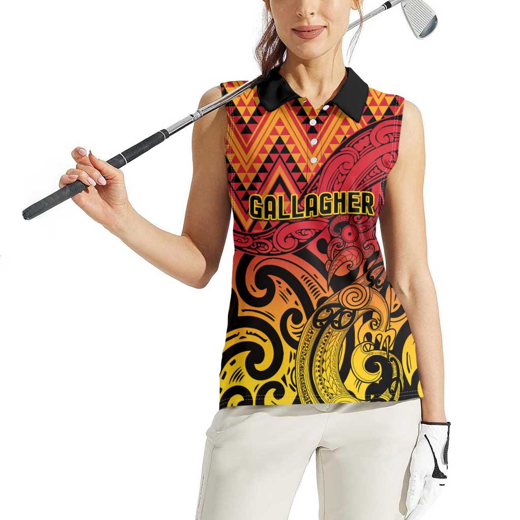 New Zealand Rangatira Custom Women Sleeveless Polo Shirt Red and Gold Niho Taniwha Maori Tribal