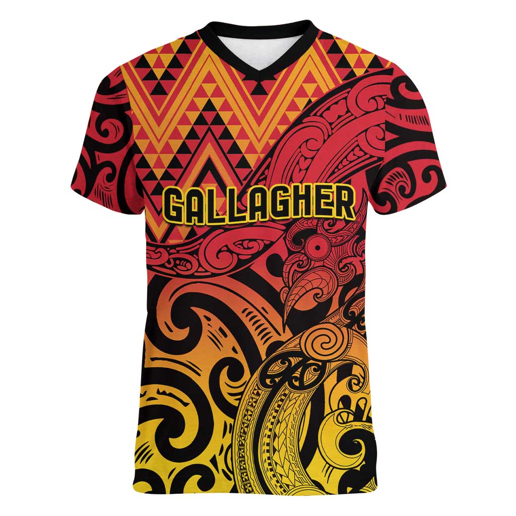 New Zealand Rangatira Custom Women V-Neck T-Shirt Red and Gold Niho Taniwha Maori Tribal