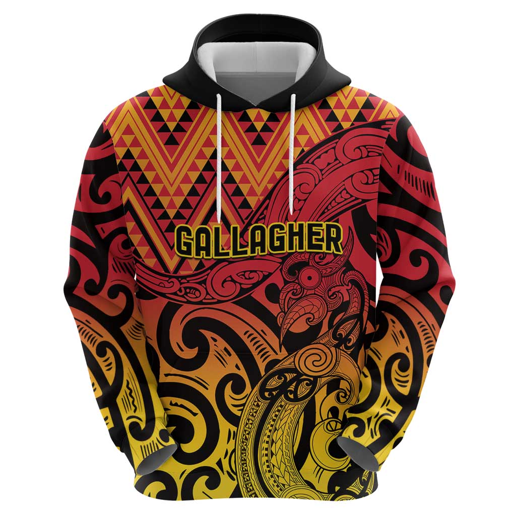 New Zealand Rangatira Custom Zip Hoodie Red and Gold Niho Taniwha Maori Tribal