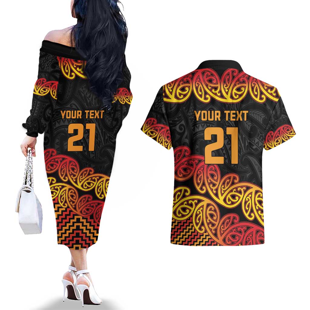 New Zealand Rugby Pacific Custom Couples Matching Off The Shoulder Long Sleeve Dress and Hawaiian Shirt Rangatira Maori Kowhaiwhai Pattern