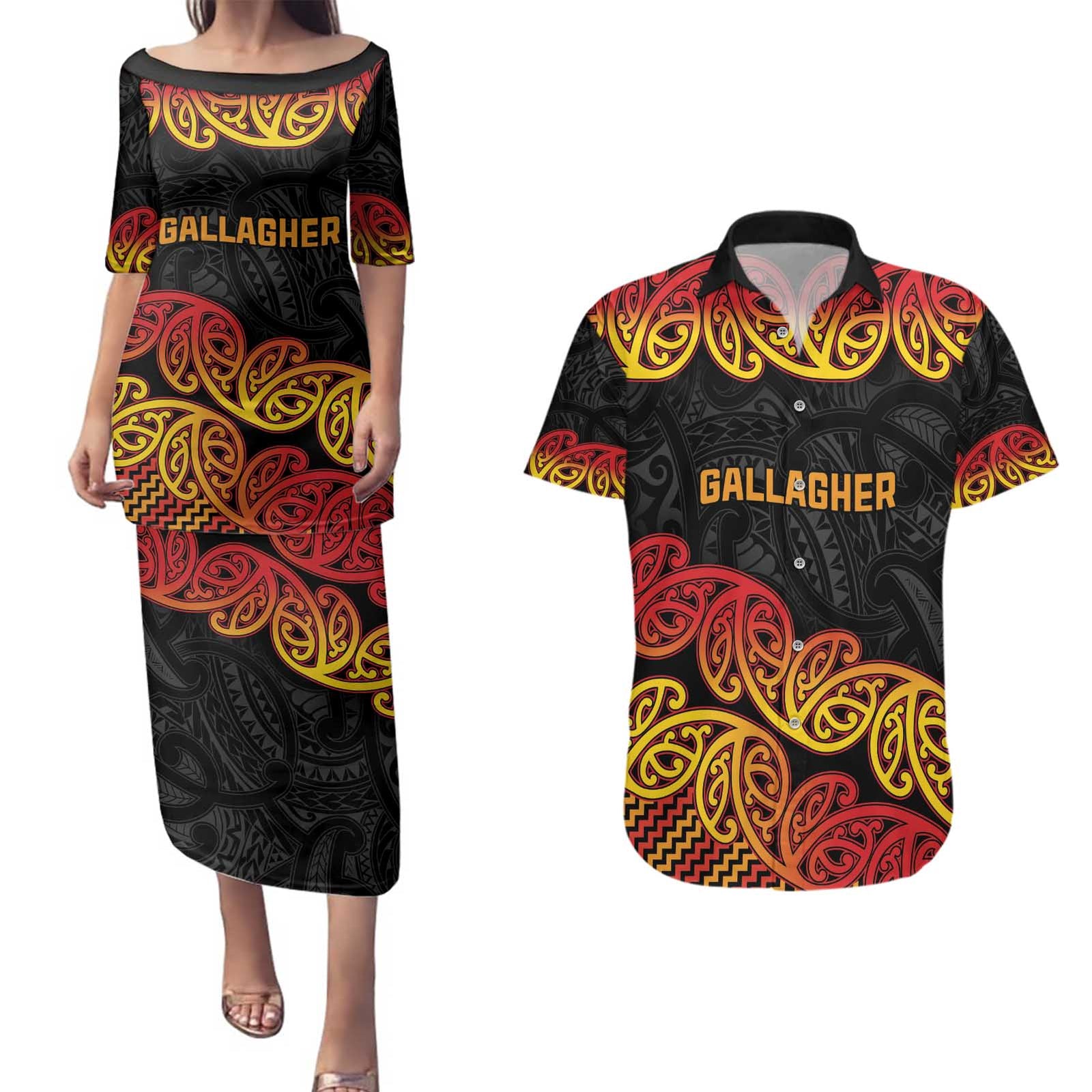 New Zealand Rugby Pacific Custom Couples Matching Puletasi and Hawaiian Shirt Rangatira Maori Kowhaiwhai Pattern LT9 Gold - Polynesian Pride