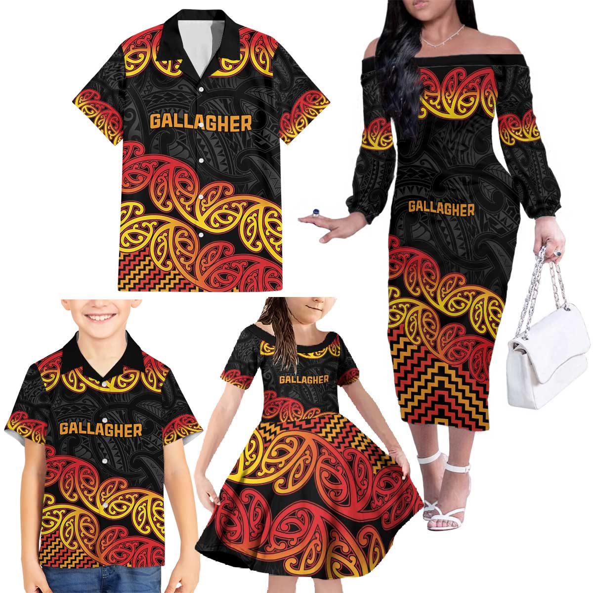 New Zealand Rugby Pacific Custom Family Matching Off The Shoulder Long Sleeve Dress and Hawaiian Shirt Rangatira Maori Kowhaiwhai Pattern